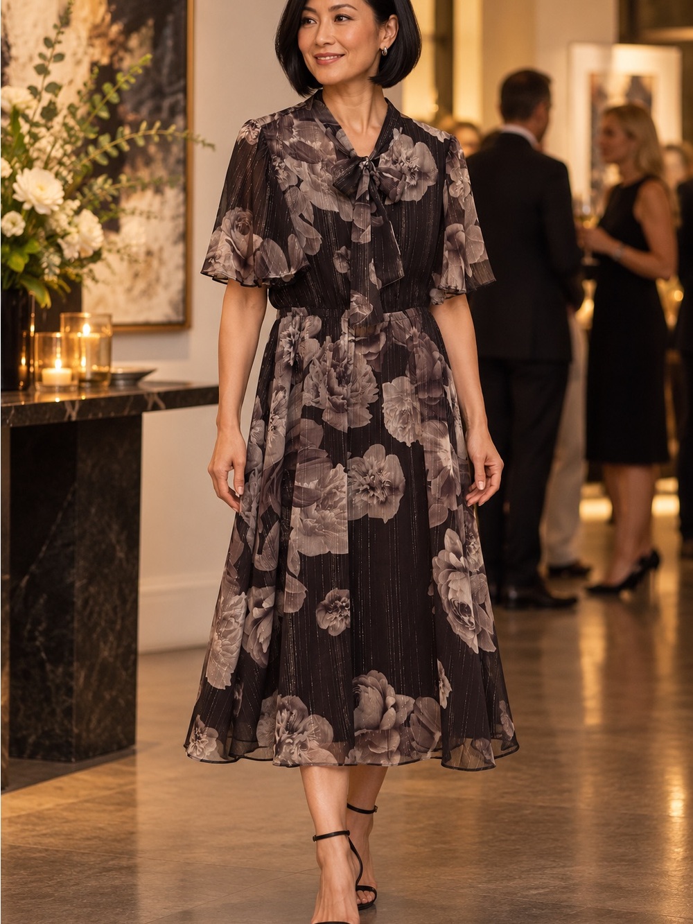NWT Calvin Klein Floral Metallic Flutter Sleeve Midi Dress Size 10